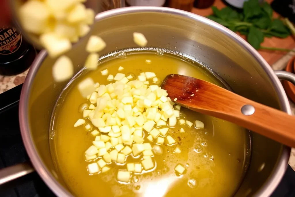 Close-up of minced garlic sizzling in melted butter inside a saucepan, with a rustic kitchen background featuring herbs and spices.

