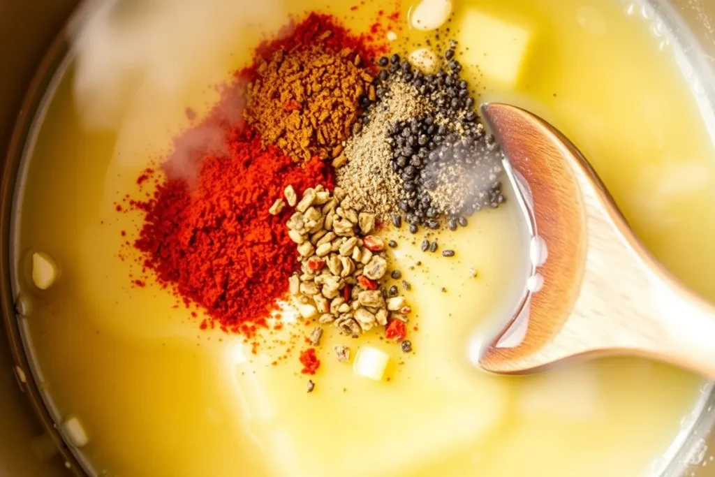 A saucepan filled with melted butter and garlic, with colorful spices like paprika and Cajun seasoning being sprinkled in, creating a vibrant cooking scene.

