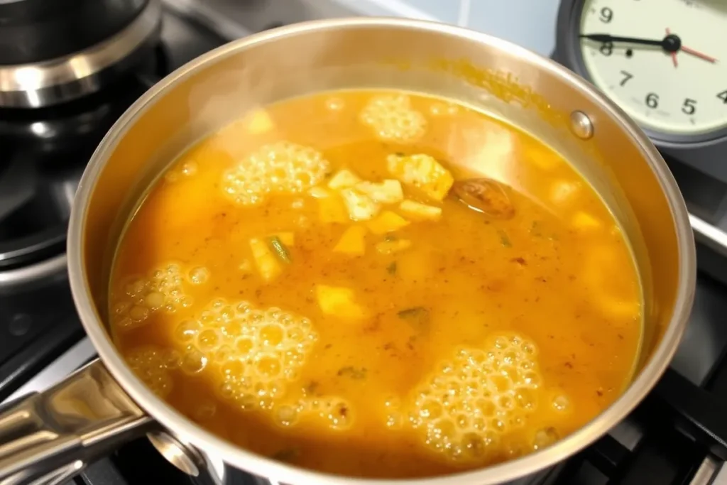 A bubbling saucepan of seafood boil sauce simmering on the stovetop, with visible spices and herbs in a rich golden color, capturing steam and warmth.

