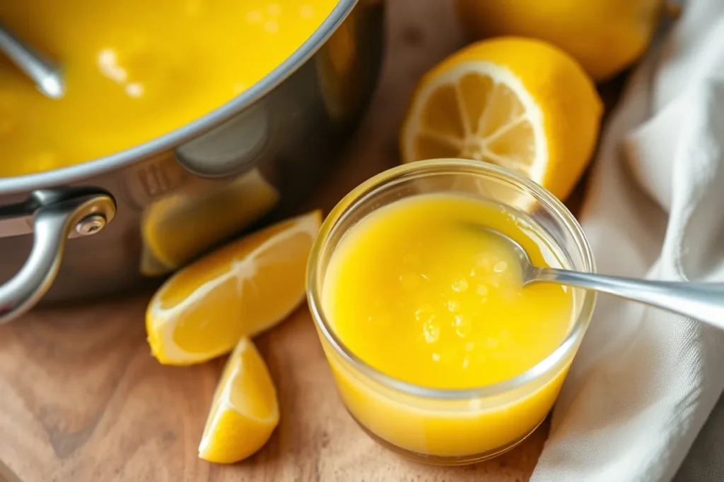 A small bowl of freshly squeezed lemon juice next to a saucepan of glossy seafood boil sauce, with fresh lemon halves and a zester in the background.

