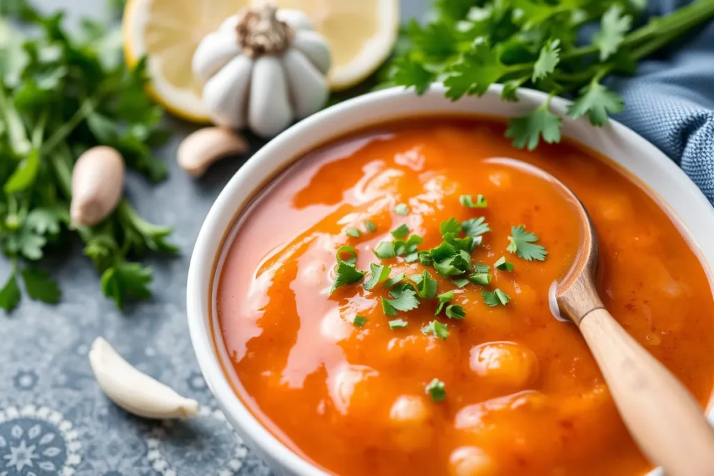 A bowl of seafood boil sauce garnished with freshly chopped parsley, with a wooden spoon beside it and fresh herbs and lemon slices in the background.

