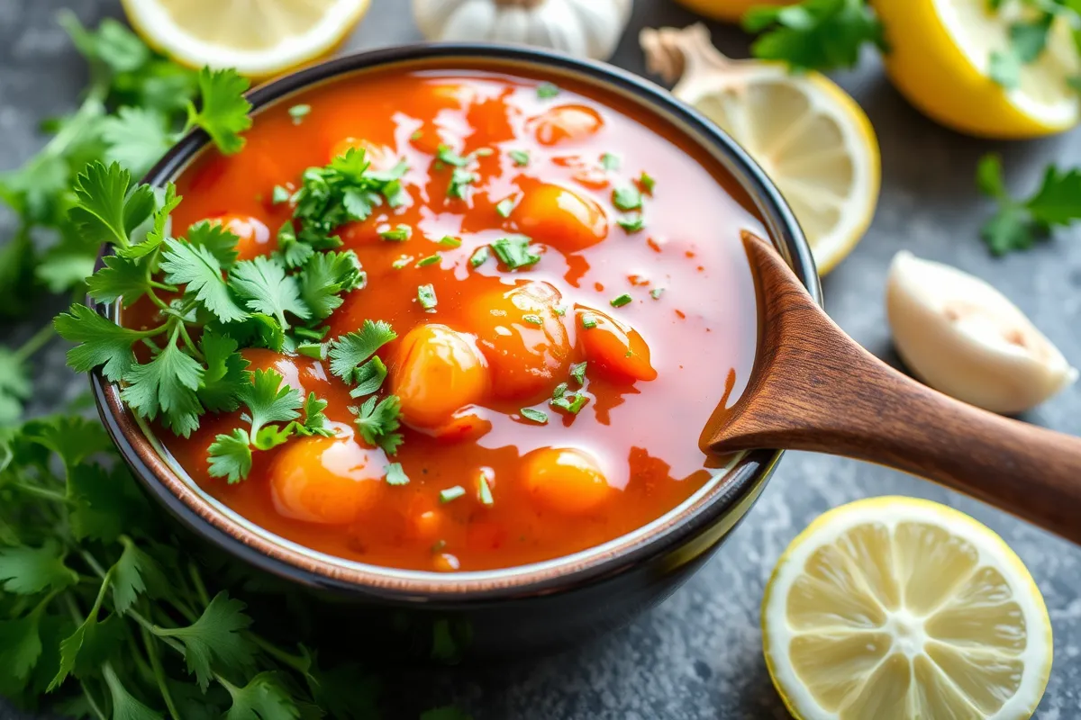 Close-up of a golden seafood boil sauce in a bowl, garnished with chopped parsley and surrounded by garlic cloves, lemon slices, and paprika on a rustic wooden background.