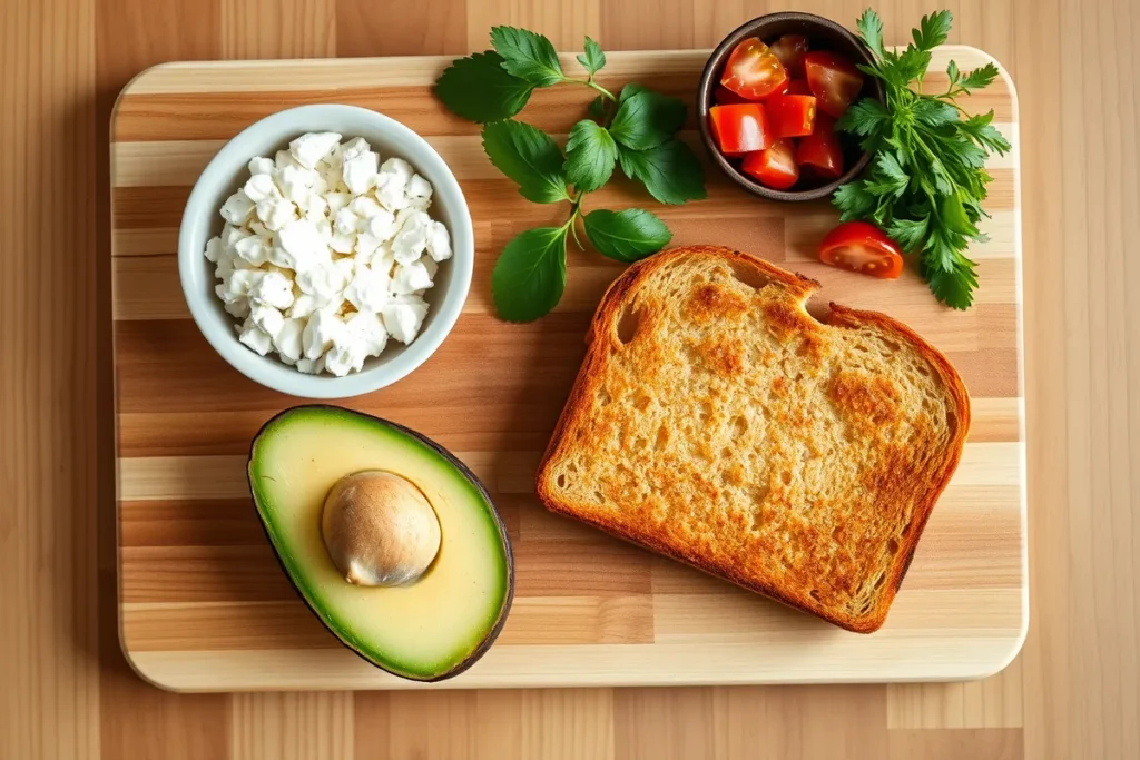 Overhead view of golden, crispy whole-grain toast on a wooden cutting board, surrounded by fresh ingredients: halved ripe avocado, crumbled feta cheese, a small bowl of diced tomatoes, and fresh herbs. Bright kitchen setting with rustic wood background and natural light highlighting each ingredient.