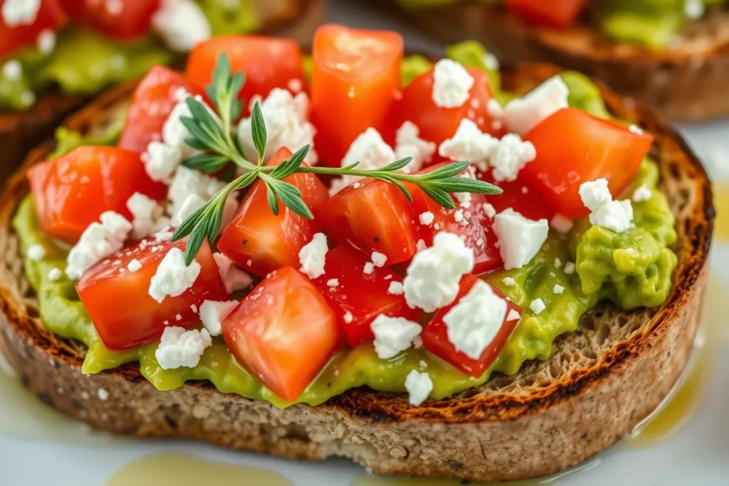 Close-up of a slice of toasted whole-grain bread spread with mashed avocado, topped with diced tomatoes and sprinkled with crumbled feta cheese. Olive oil drizzled on top, with a sprig of fresh herbs as garnish. Vibrant colors of green, red, and white stand out against the golden toast.