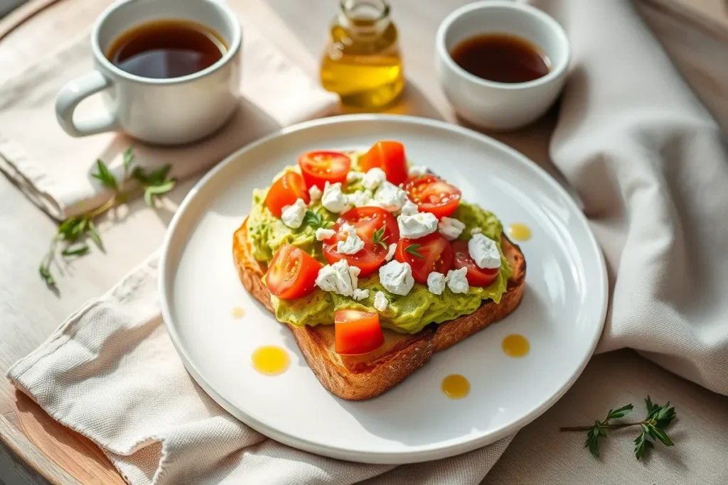 Plated Mediterranean avocado toast on a white dish, featuring mashed avocado, juicy tomatoes, crumbled feta, and a drizzle of olive oil, garnished with fresh herbs. Cozy setting with a linen napkin, cup of coffee, and small jar of olive oil nearby. Natural light enhances the fresh, inviting look of the dish.