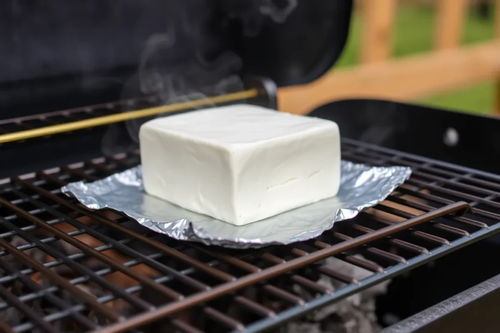 Close-up of hands adding wood chips into the smoker box, ready to infuse the cream cheese with smoky flavor. A faint hint of smoke rises from the grill.