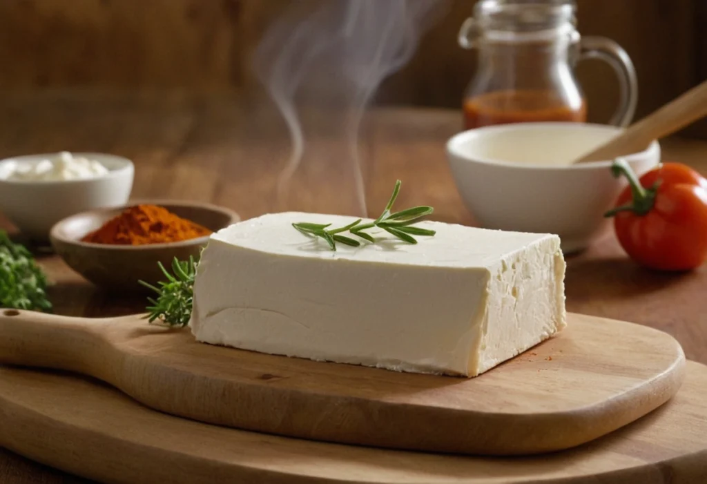 A block of cream cheese placed on a smoker rack, resting on a piece of foil inside the smoker. Smoke is gently rising around the cheese.