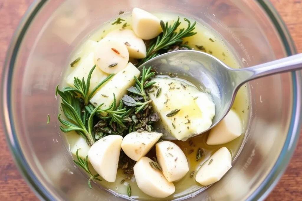 Herb-infused butter mixture made with rosemary, thyme, sage, and garlic, ready for seasoning the chicken.