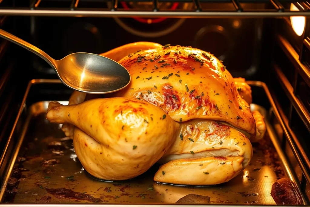 Herb-roasted chicken in the oven being basted, with crispy skin and golden-brown color, surrounded by aromatic herbs and juices.