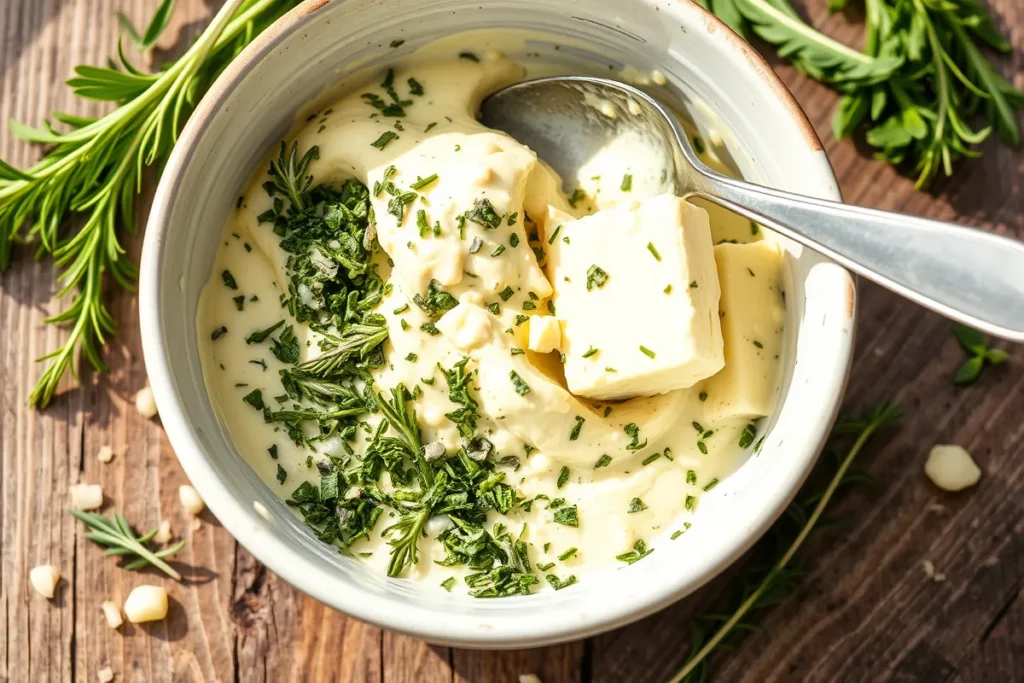 Close-up of a creamy herb-butter mixture with fresh rosemary, thyme, sage, and garlic in a bowl, ready to be used for roasting a turkey.