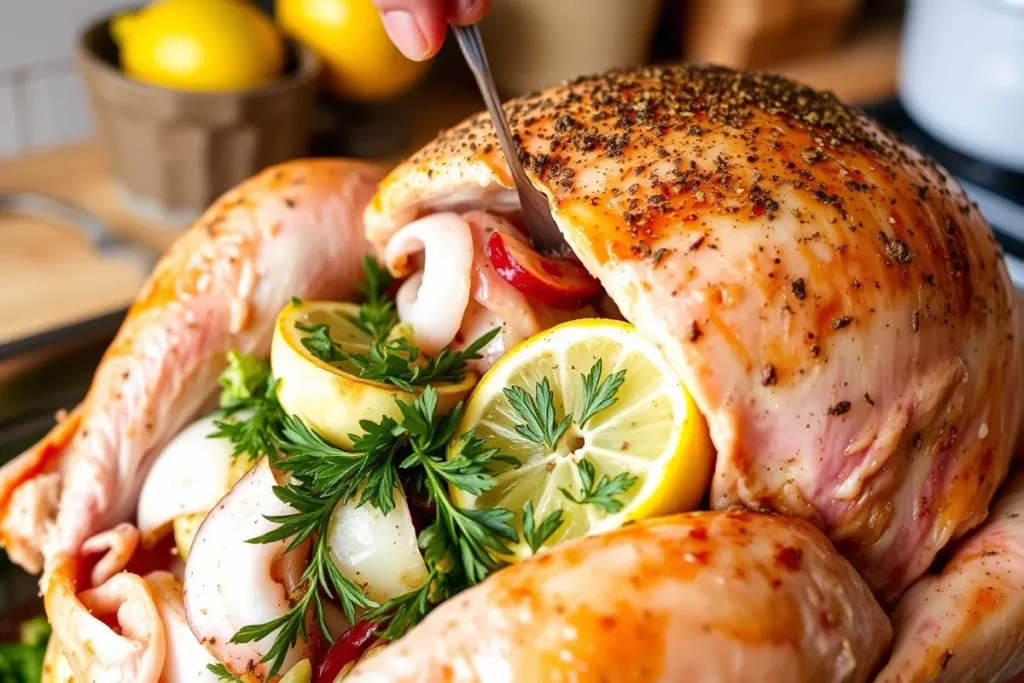 Close-up of a whole turkey being prepared for roasting, with hands spreading an herb-butter mixture under the skin, surrounded by fresh herbs and lemons in a rustic kitchen setting.