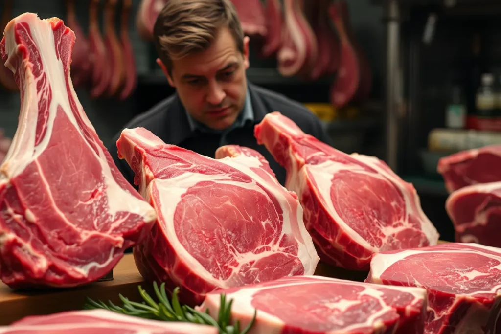 A person selecting the perfect prime rib cut, comparing bone-in and boneless options for marbling and fat content.