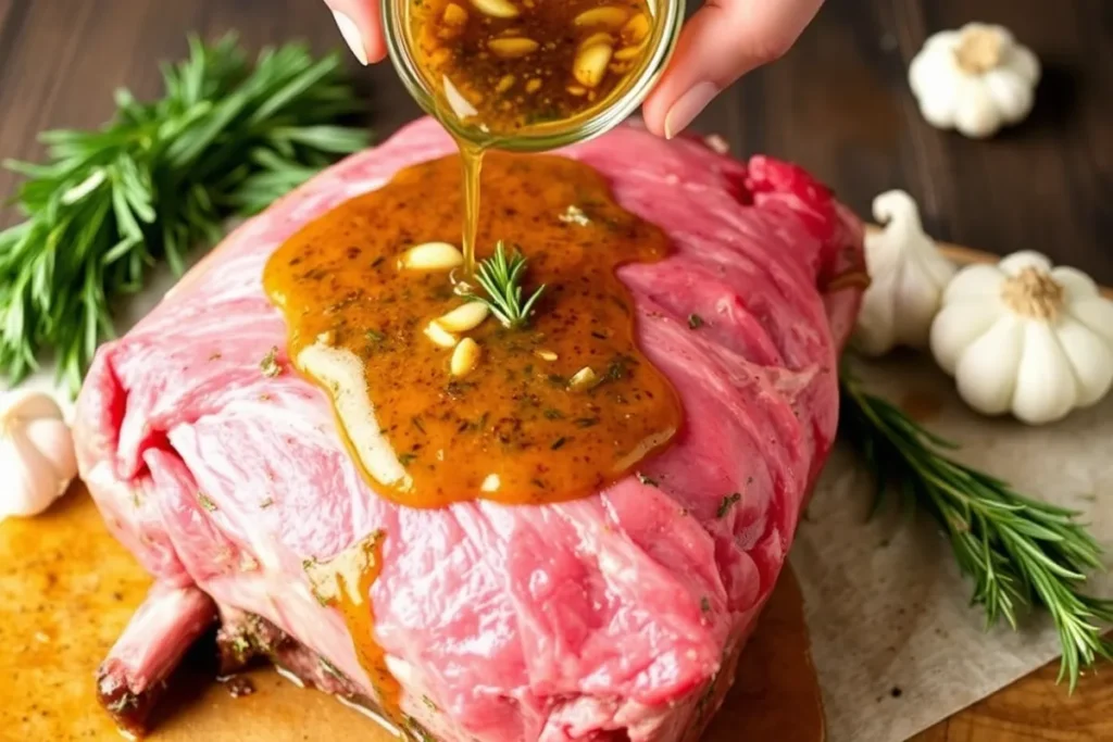 Garlic and rosemary marinade being applied to a prime rib roast, with fresh herbs and garlic in the background.