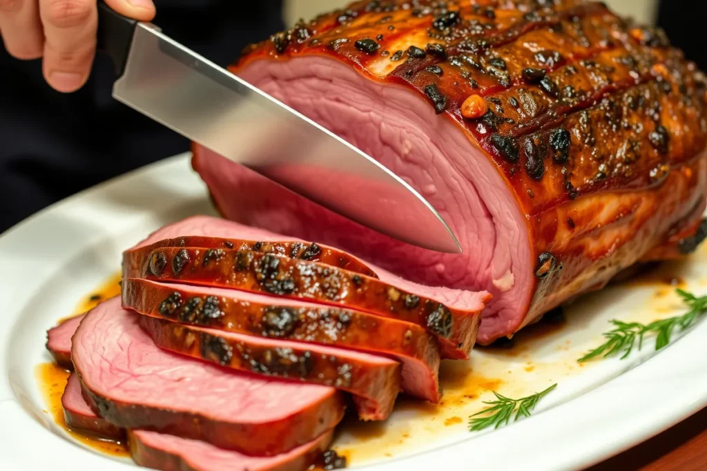 Slicing a tender prime rib roast with a sharp knife, showcasing juicy slices of meat on a serving platter.