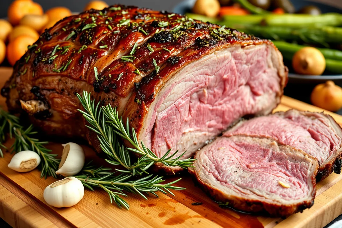 Perfectly roasted garlic and rosemary prime rib on a wooden cutting board, surrounded by fresh rosemary, garlic cloves, and roasted vegetables, ready for serving.