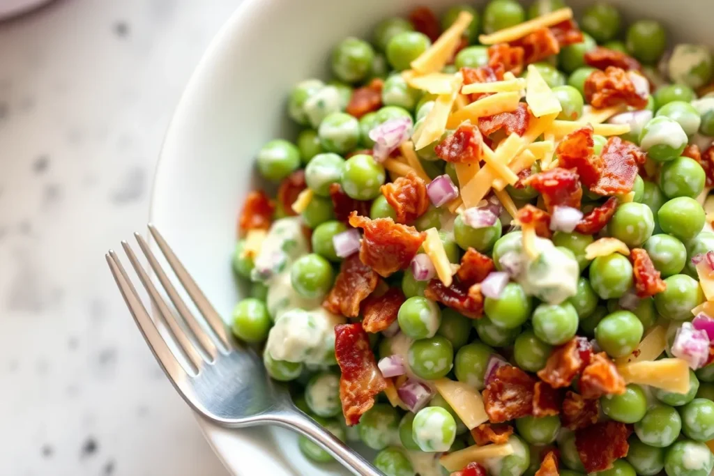 Close-up of creamy pea salad with crispy bacon, shredded cheddar cheese, and red onions, served in a white bowl with a creamy dressing.