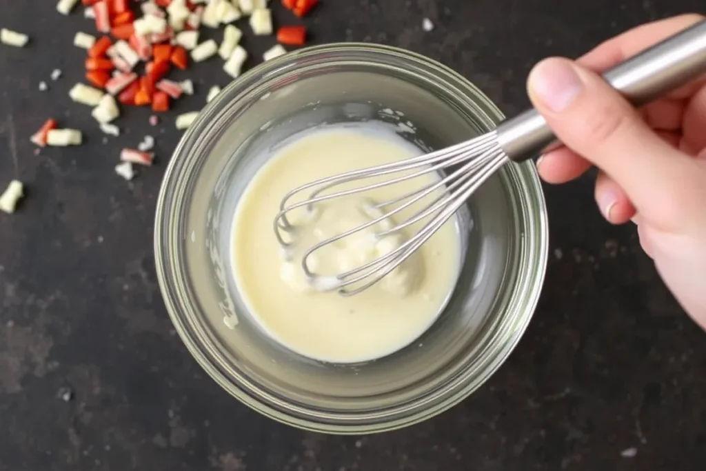 Whisking a creamy dressing made of mayonnaise and apple cider vinegar in a small glass bowl, with scattered ingredients in the background.