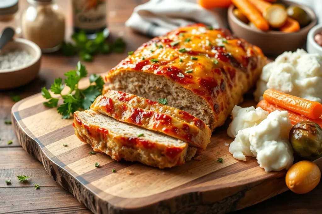 "A golden, juicy Garlic Parmesan Chicken Meatloaf sliced on a rustic cutting board, garnished with fresh parsley and Parmesan, with sides of mashed potatoes and roasted vegetables.