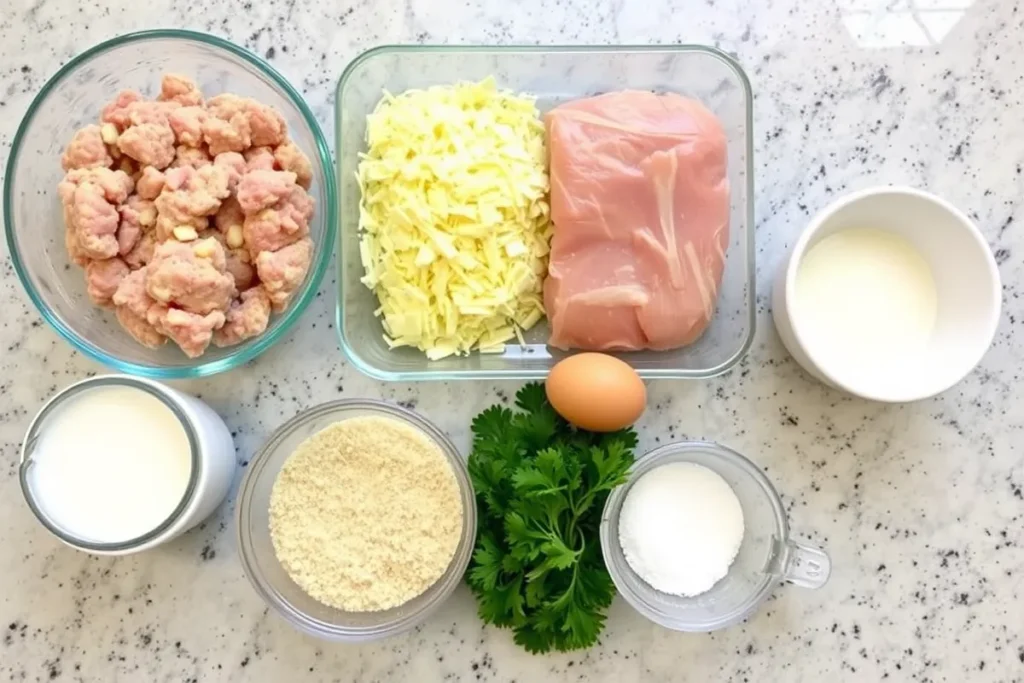 All ingredients for Garlic Parmesan Chicken Meatloaf arranged on a countertop, including ground chicken, garlic, Parmesan, an egg, breadcrumbs, milk, parsley, salt, and pepper.