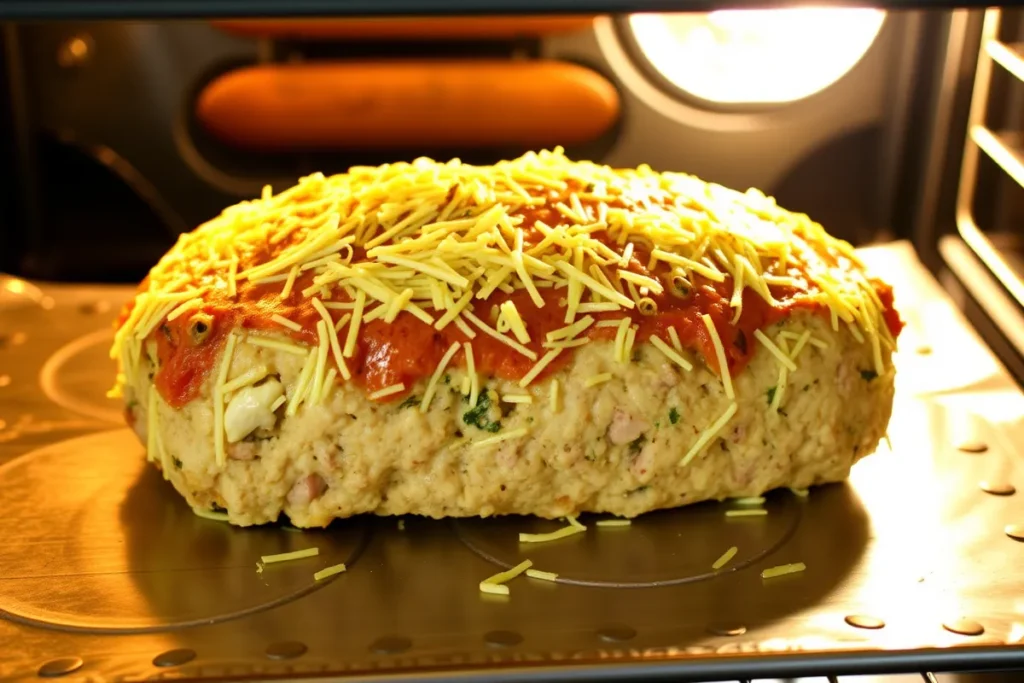 Garlic Parmesan Chicken Meatloaf baking in the oven, with the cheese on top turning golden brown