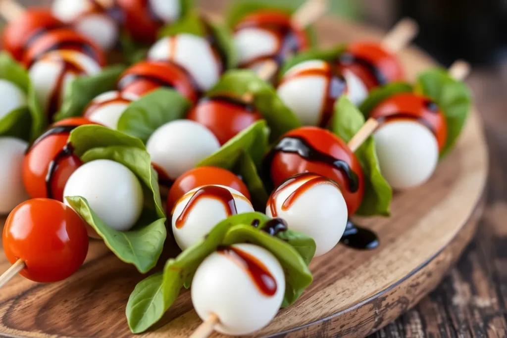 Close-up of colorful mini Caprese skewers with cherry tomatoes, mozzarella balls, and basil leaves, drizzled with balsamic glaze on a rustic wooden platter.