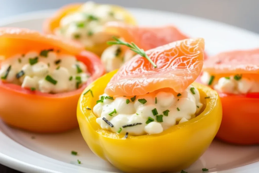 Stuffed mini bell peppers filled with creamy cheese mixture and garnished with fresh herbs, with a slice of smoked salmon on top, arranged on a white plate.