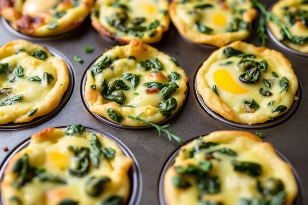 Mini quiches filled with spinach, cheese, and eggs, baked to a golden perfection and served in muffin tins, with fresh herbs sprinkled around.