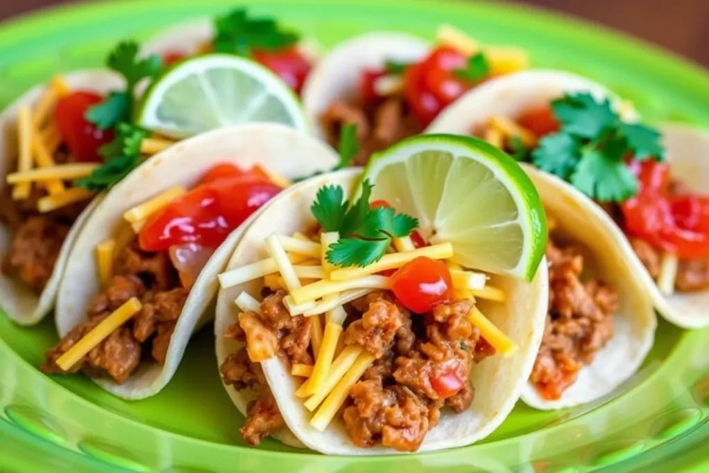 Mini tacos with seasoned beef, shredded cheese, lettuce, and salsa, garnished with fresh cilantro and a slice of lime, arranged on a bright plate.