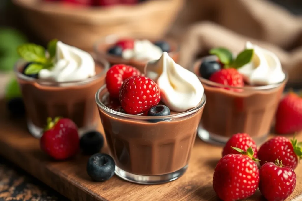 Mini chocolate mousse cups topped with fresh berries and a dollop of whipped cream, set against a cozy and indulgent background.