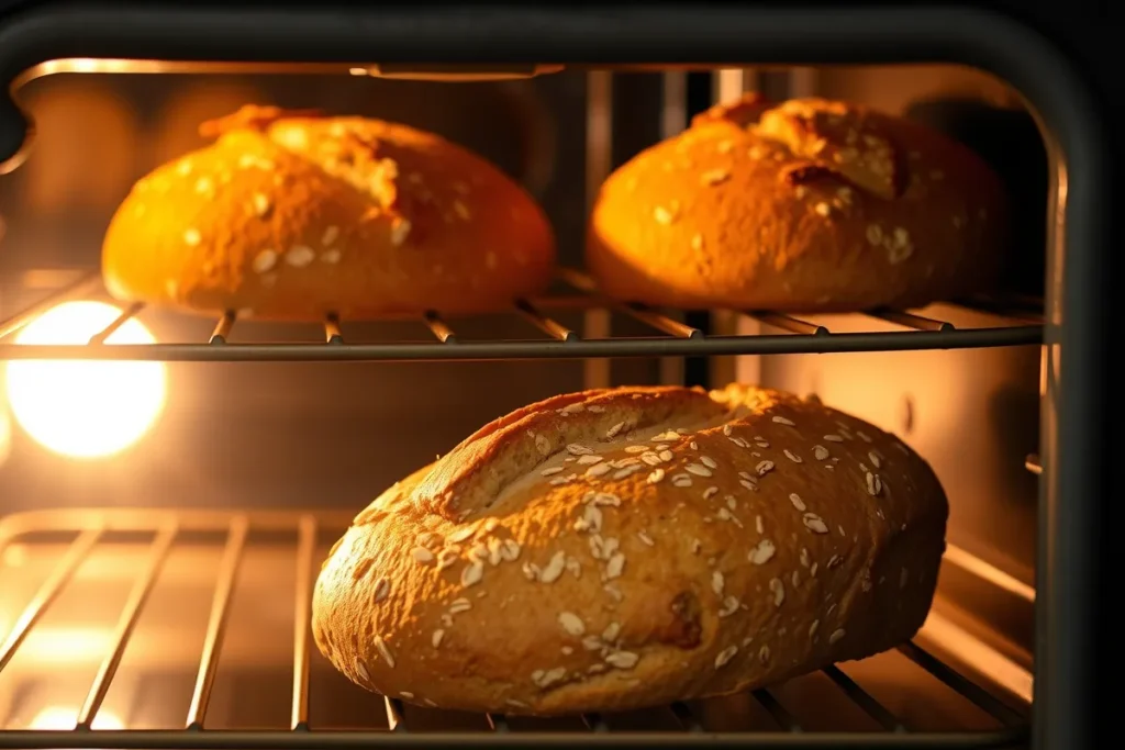 Oat molasses bread baking in the oven, with the loaves rising and turning golden-brown, emitting a warm, inviting glow.