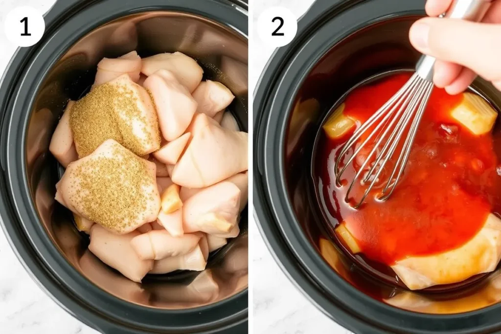 Step-by-step preparation for Jezebel Chicken Crockpot: seasoning the chicken, whisking the sweet and spicy sauce, and layering the chicken with sauce in the crockpot.