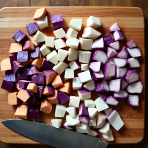 cubed purple sweet potatoes and taro root