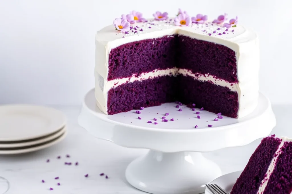 Purple Velvet Cake on a cake stand with cream cheese frosting, decorated with edible flowers and purple sprinkles, showing a soft, velvety interior.