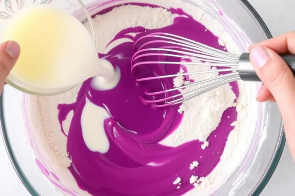 Adding wet ingredients, including buttermilk, eggs, and purple food coloring, to the dry ingredients for a vibrant Purple Velvet Cake batter.