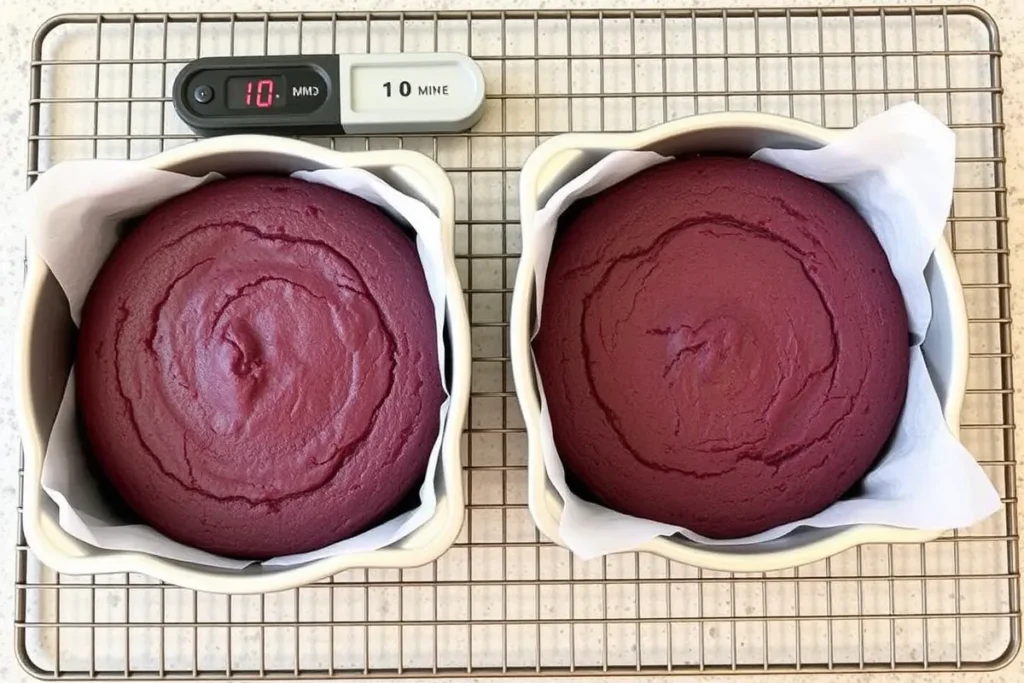 Allowing the baked purple velvet cake layers to cool in the pans for 10 minutes before transferring them to a cooling rack.