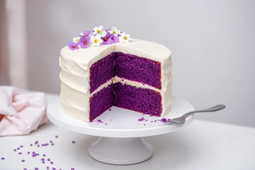 Completed Purple Velvet Cake on a cake stand, showing off the vibrant purple color, smooth frosting, and delicate decorations.