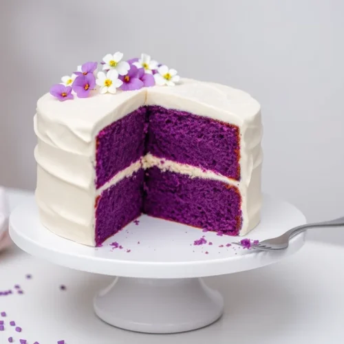 Purple Velvet Cake on a cake stand with cream cheese frosting and purple flowers, showing the vibrant purple layers and smooth frosting.