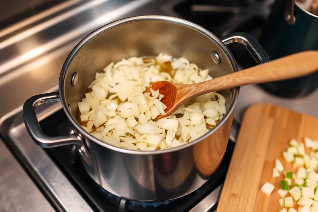 A large pot on the stove with onions and garlic sautéing in olive oil, releasing a fragrant aroma as they turn golden brown. A wooden spoon stirs the vegetables in the pot.