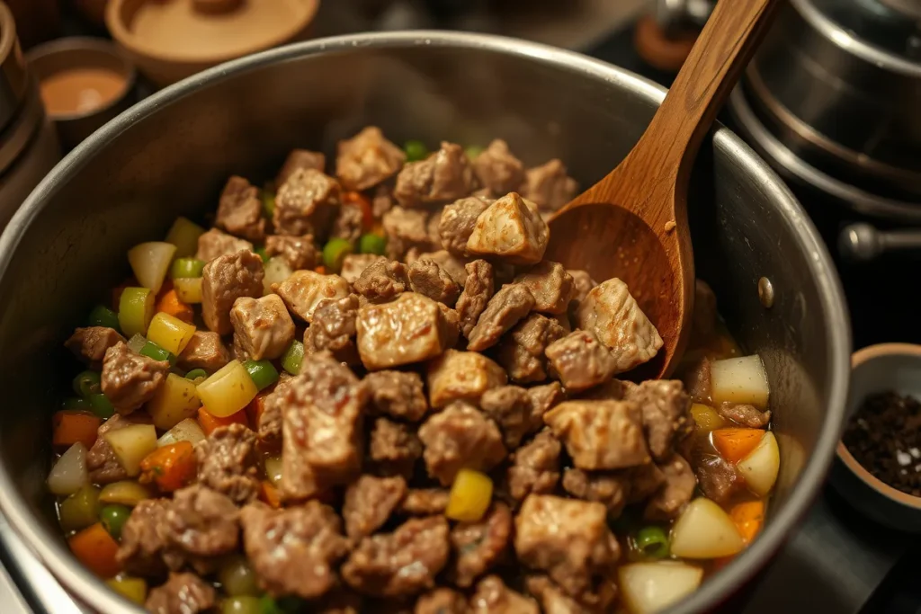 Chunks of beef or chicken being added to sautéed vegetables in a large pot, browning as they sizzle in the hot oil. A wooden spoon stirs the mixture.