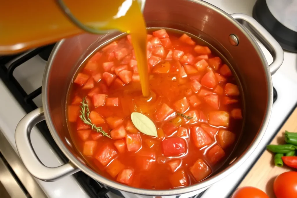 A pot with diced tomatoes and savory stock being poured in, creating a rich broth with fresh herbs like thyme and bay leaves added. The ingredients are being mixed together.