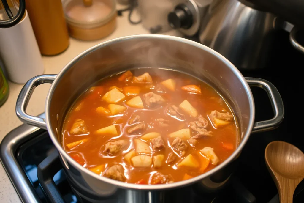 A large pot covered with a lid, simmering gently with steam rising from the stew. The mixture inside is rich with meat, vegetables, and broth, indicating it's cooking slowly.