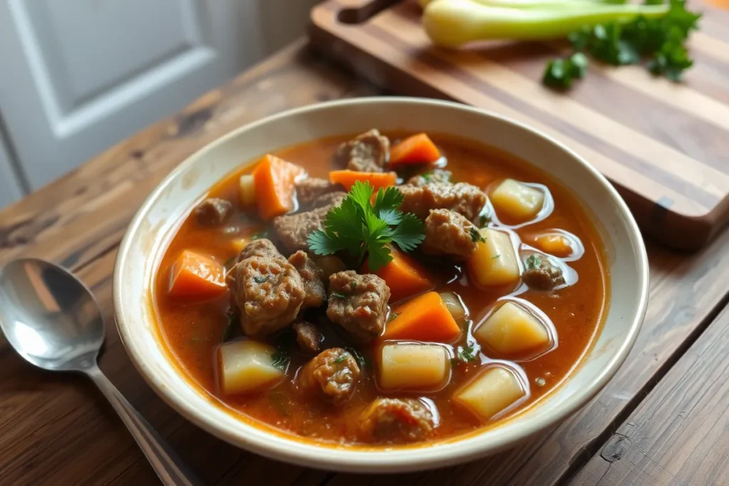 A steaming bowl of Miracle Stew on a rustic wooden table, garnished with fresh parsley. The stew is filled with chunks of meat, carrots, potatoes, and herbs, surrounded by a cozy kitchen ambiance.