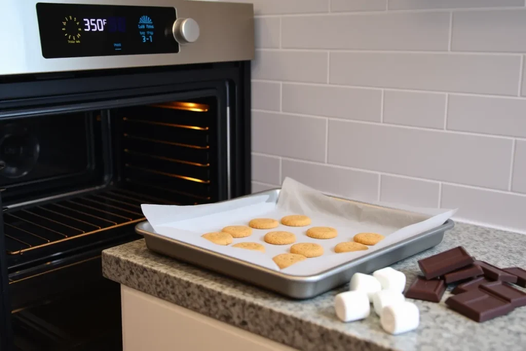 A modern kitchen setup with an oven preheating to 350°F (175°C). On the countertop, a baking tray lined with parchment paper is ready to go. Ingredients like Chips Ahoy cookies, marshmallows, and chocolate squares are neatly laid out, suggesting the next steps in the recipe. The scene feels organized and inviting, perfect for a baking session.

