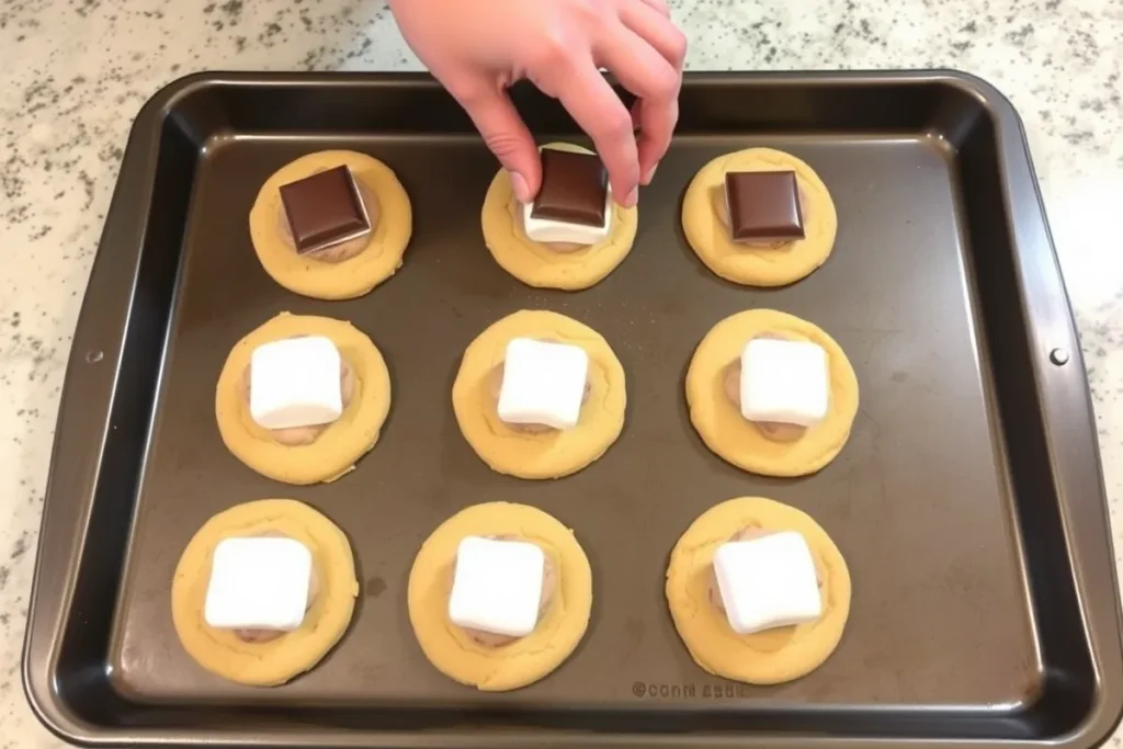 A baking tray with six Chips Ahoy cookies arranged in neat rows, each topped with a fluffy marshmallow and a square of chocolate. A hand is gently placing one of the cookies onto the tray, showing the process of assembly. The background includes scattered graham cracker crumbs and additional marshmallows, emphasizing the s'mores theme.

