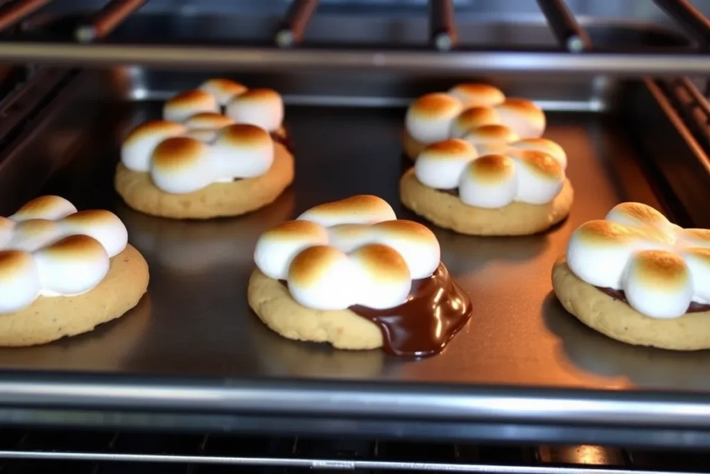 The baking tray is inside the oven, showing the marshmallows lightly puffed and turning golden brown. The chocolate squares are melting slightly, creating a gooey, mouthwatering effect. The oven door is slightly ajar, with warm light illuminating the delicious s'mores cookies as they bake to perfection.

