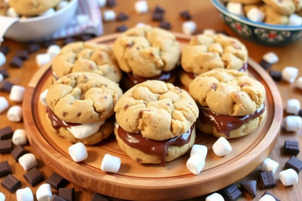 A wooden serving plate holds a stack of finished Chips Ahoy S’mores cookies, with gooey marshmallows and melted chocolate visibly oozing between the cookie layers. Surrounding the plate are scattered marshmallows, chocolate pieces, and a few extra Chips Ahoy cookies for decoration. The background includes a cozy table setup, perhaps with a glass of milk or a hot cocoa mug, inviting the viewer to enjoy the treat.

