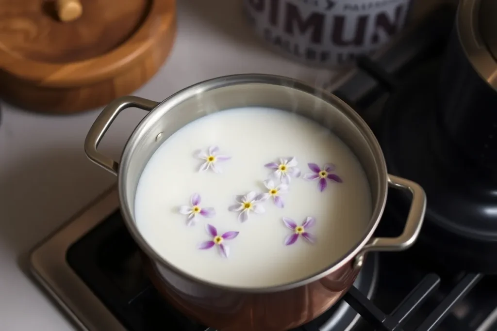 A saucepan on the stove with milk and fresh Sampaguita flowers, gently steeping together to create a fragrant infusion for ice cream.