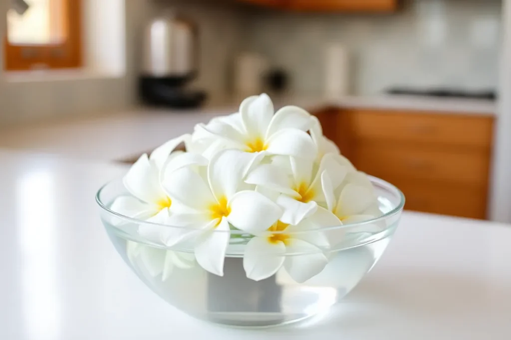 Fresh Sampaguita flowers floating in a bowl of water, with droplets glistening on the petals, ready for use in an ice cream recipe.