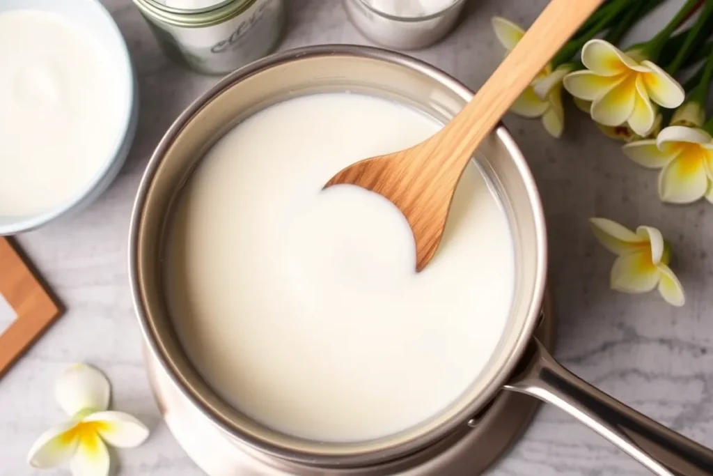 A saucepan with milk, cream, and sugar being stirred with a wooden spoon, blending ingredients for a Sampaguita ice cream base.