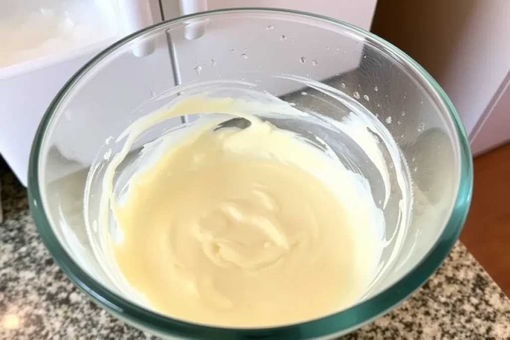 A glass mixing bowl containing the creamy Sampaguita ice cream base, cooling on a kitchen countertop before churning.